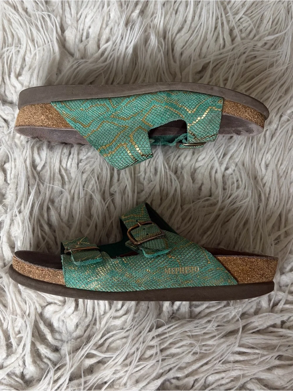 Mephisto Harmony Slip On Dual Buckle Strap Mint Nairobi Gold Slide Sandals Sz 37